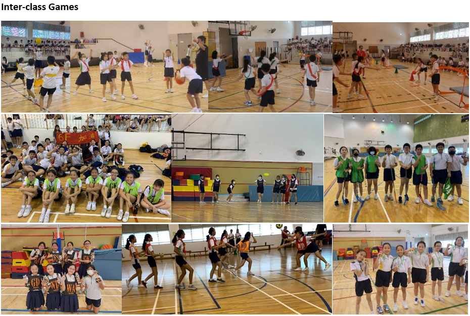 Students in school uniforms participate in various inter-class sports games inside a gymnasium.